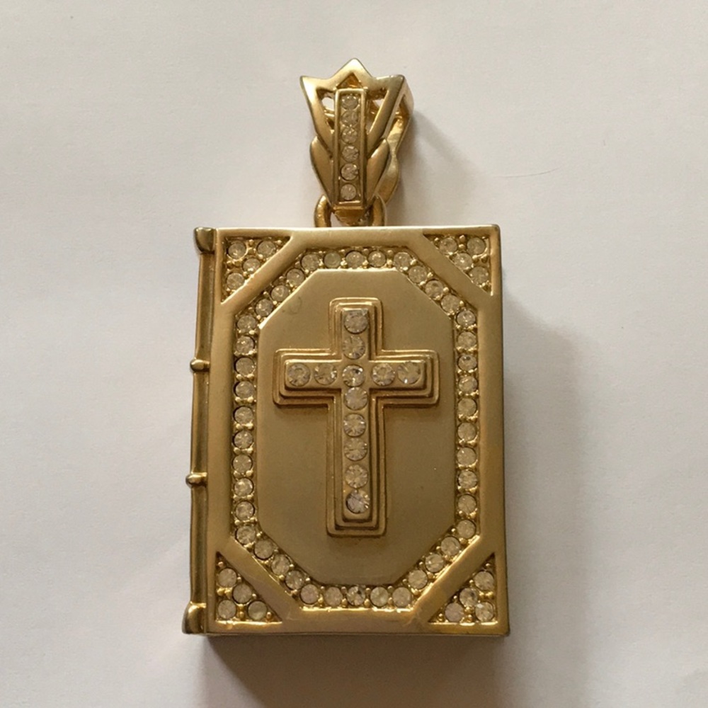 Bible Pendant Rapper Goldtone Faux Diamonds EUC
